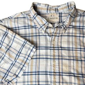 BKE 67 Plaid Button Down Shirt Womens XXL Blue Tan Contour Fit Short Sleeve